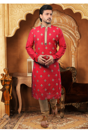 Red Color Slub Silk And Poly Fabric Kurta Set